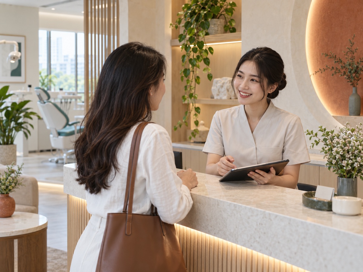 A clinic receptionist in Vietnam welcoming a patient, AI-generated illustration